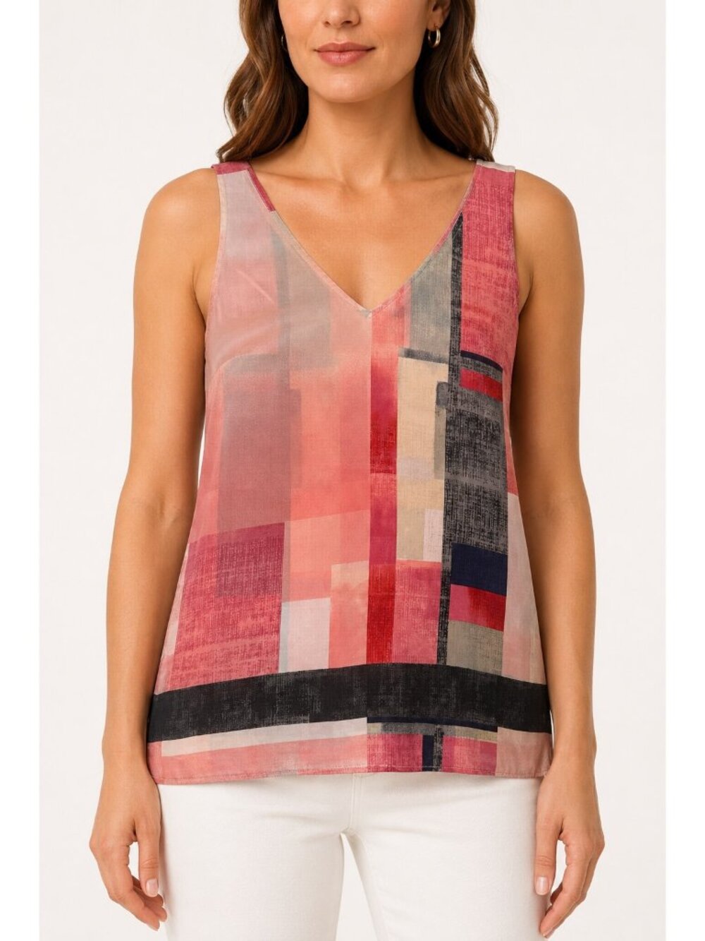 White House Black Market Top Small Geometric Abstract V Neck Summer Chic Blouse
